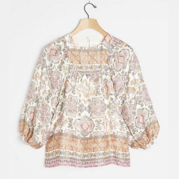 ANTHROPOLOGIE Floral Egyptian Cat Boho Silk Blouse Flowy Balloon Sleeves Size M - Picture 2 of 13